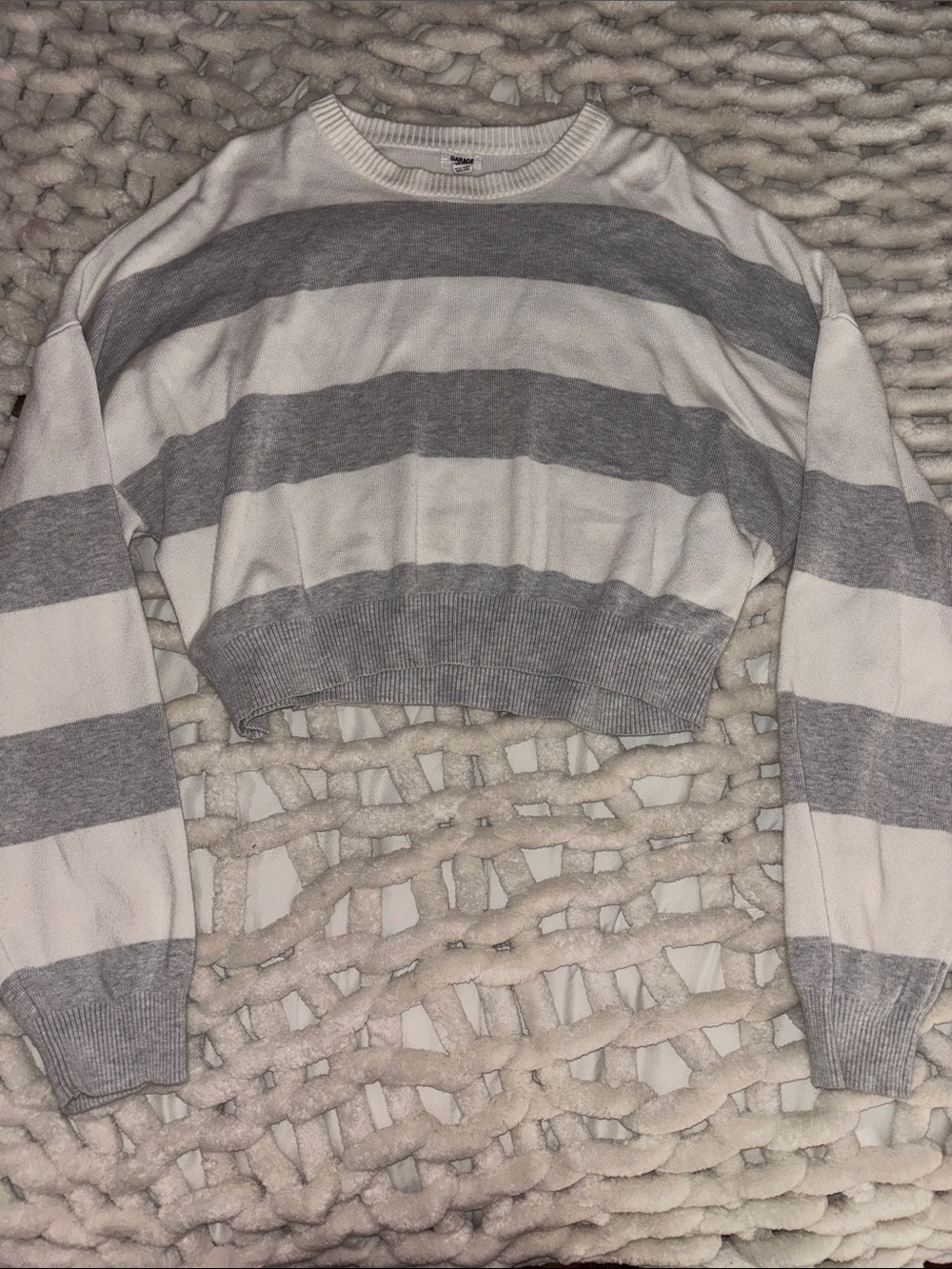Garage Cropped Crewneck Sweater in Gray and White Stripes